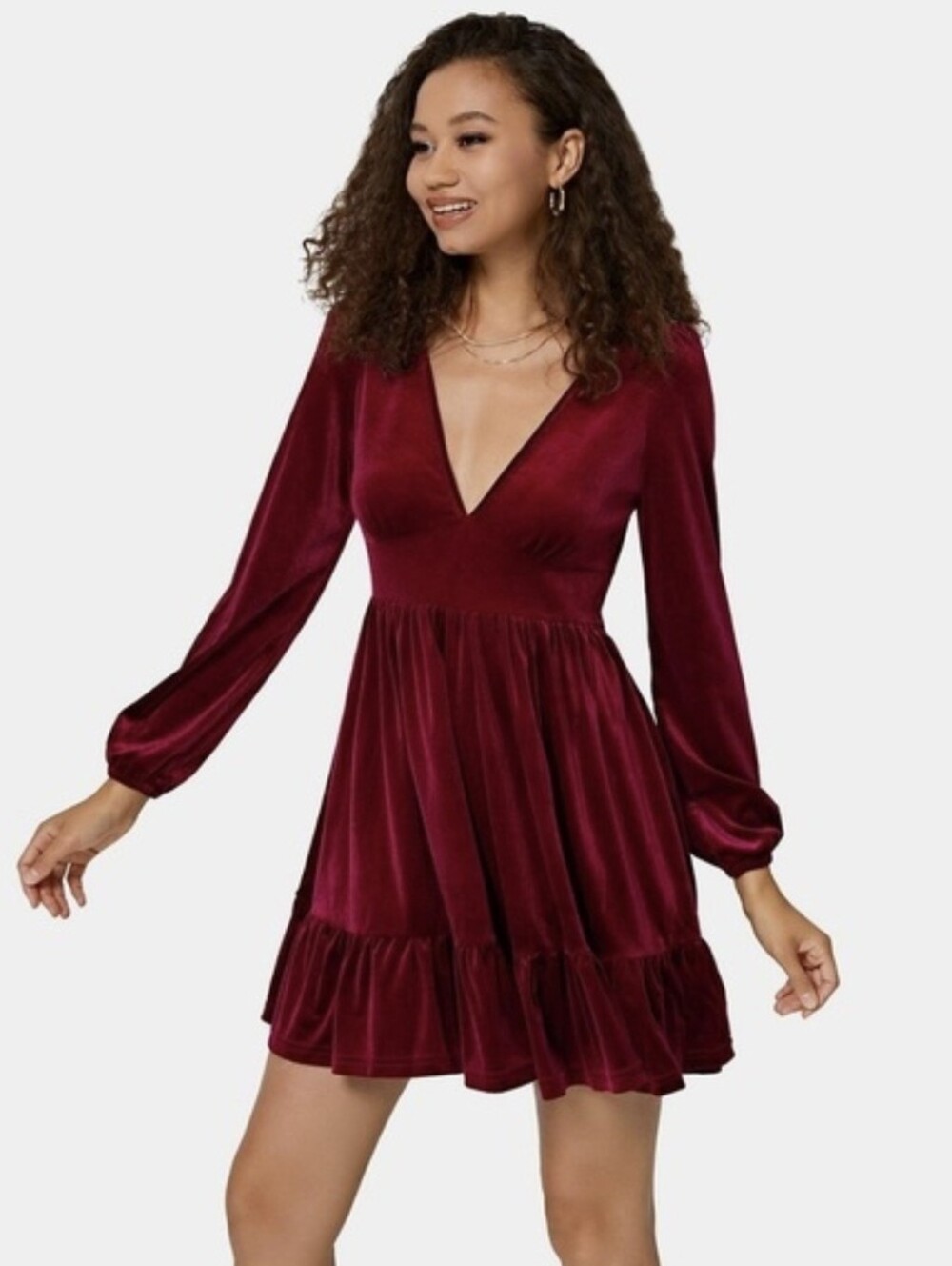 Red Velvet Fit & Flare Long Sleeve Party Dress